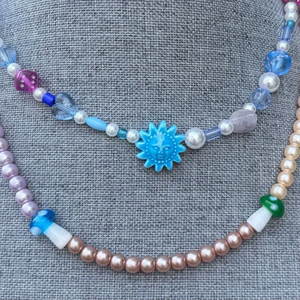 Two (2) Urban Outfitters OU Layering Blue Mushroom Sundial Beaded Necklaces NWT